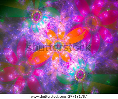 Abstract background, bright, catchy and expressive. It contains floral ornament. In some places there is blurring, small grain.