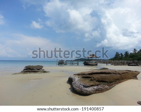 Rock, wooden pavilion and bridge at Ao Noi beach, Koh Kood, Trat Thailand