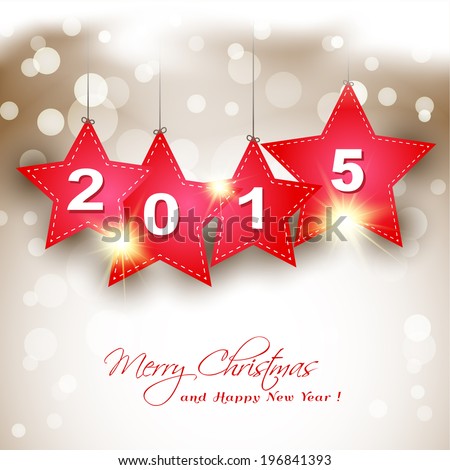 hanging 2015 red star on magical winter background greeting card hanging 2015 red star on magical winter background greeting card