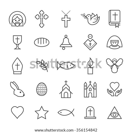 Set of Quality Isolated Universal Standard Minimal Simple Christian Black Thin Line Icons on White Background.