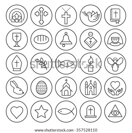 Set of Isolated High Quality Universal Standard Minimal Simple Black Thin Line Christian Icons on Circular Buttons on White Background.