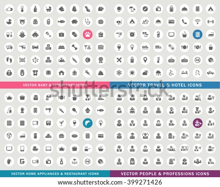 Set of 192 Universal Icons ( Travel , Hotel , People , Professions , Restaurant , Home Appliances , Baby and Veterinary ) . Isolated Elements.