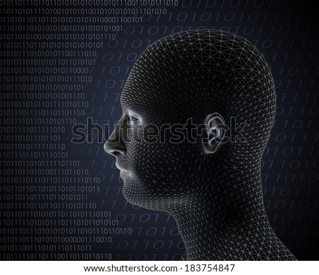 3d render of cyber man on grey background with computer language code