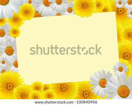 Blank sheet of paper for text on nice yellow background with dandelions and daisy flowers