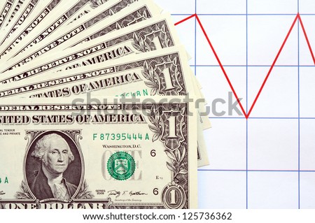 Business concept. Set of one dollar bank notes on paper background with red chart
