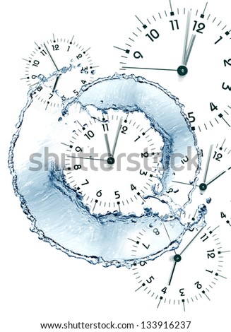 Time concept. Clock faces and abstract flowing water on white background