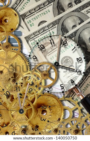 Business concept. Gears near magnifying glass and clock on background with money