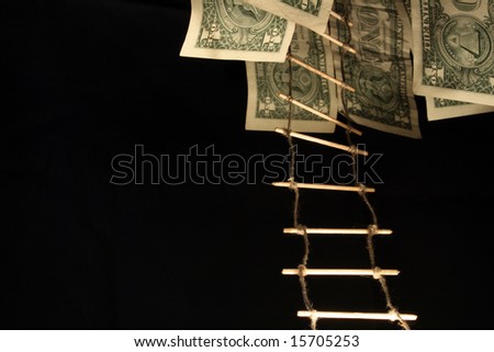 One dollar banknotes and rope ladder hanging on dark background