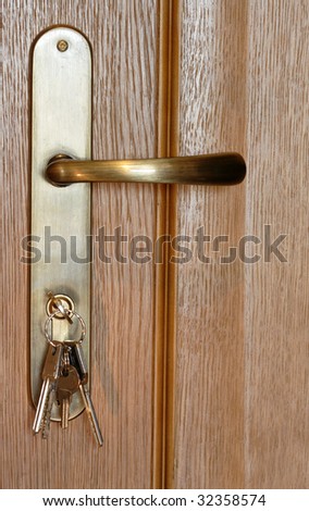 Door closed with keys in lock; a concept for home ownership and,too, for security.