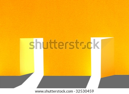 Abstract background with two open doors made from yellow paper. Object with clipping path