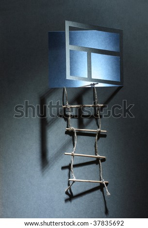 Rope ladder hanging on the wall with open luminous window made from paper