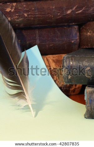 Closeup of feather on background with paper sheet and old books