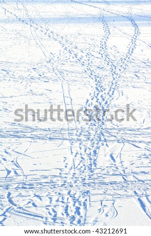 Snow background with many tracks and footsteps