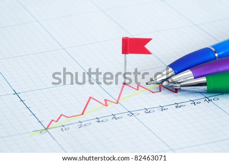 Extreme closeup of few color pens near red flag pin and diagram on graph paper background