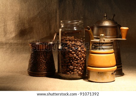 Turkish Coffee.Glass Jar With Coffee Beans Near Old Copper ...