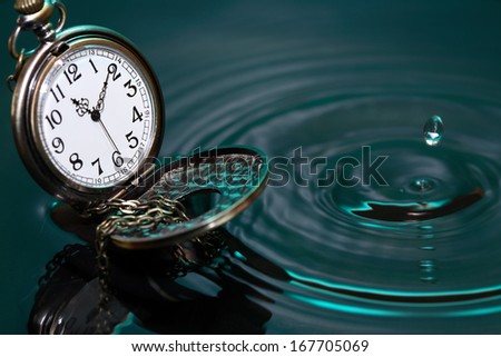 Time concept. Vintage pocket watch on water with falling drop