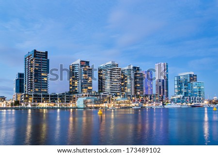 Night time image of apartment buildings in the Docklands area of Melbourne, Australia