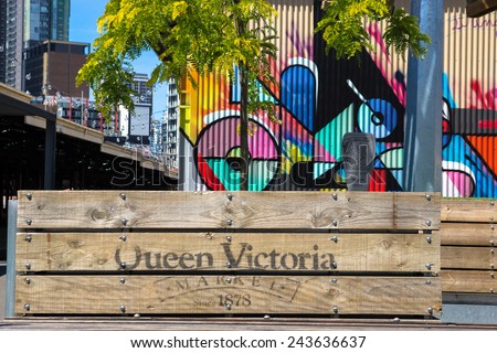 MELBOURNE, AUSTRALIA - 3 NOVEMBER 2014: Planter boxes and colorful artwork at Queen Victoria Markets in Melbourne, Australia.