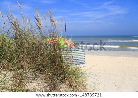 View of the beach from the sand dunes. Focused on the foreground with grass and dune. Background with a parasol, beach and water and out of focus