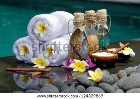 At The Spa, Concept In A Luxury Villa On Bali Island With, Massage Oil, Bath-Salt, Volcanic Stones, Body Scrub, Towels,Cinnamon Sticks, Orchids And Flowers.