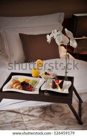 Breakfast In Bed At A Luxury Hotel Room