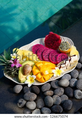 Tropical fruits, Exotic fruits from Bali Indonesia by the swimming pool