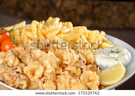 Fried calamari, pommes frittes,fried squid with lemon