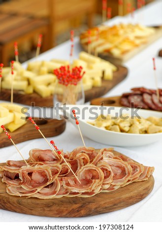 Catering, assorted meats and sausages, olives and spices