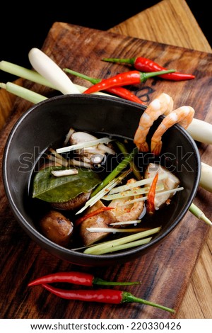 Thai hot and sour soup Tom Yum with shrimps
