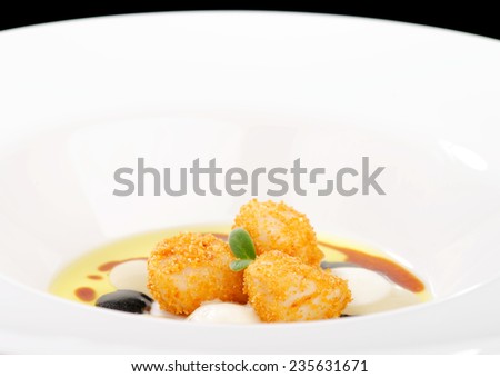 Fine dining, deep fried scallops  with olive oil, cheese and balsamic vinegar