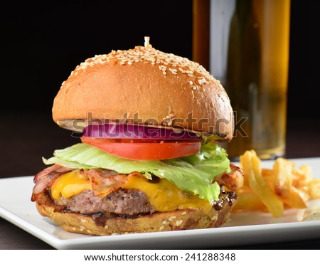 Cheese burger with a bacon - American cheese burger with fresh salad and french fries