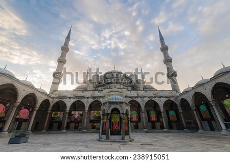 Welcome to Blue Mosque at dawn-exhibition decoration, Istanbul, Turkey