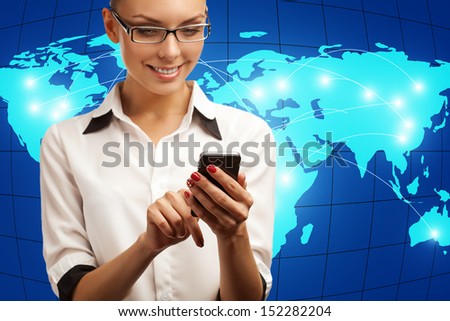 girl in a business suit on a background map of the world