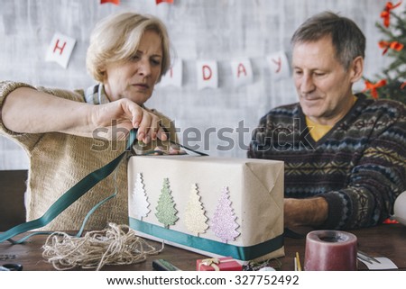 Elderly couple decorating the Christmas present with green ribbon and different glittering trees