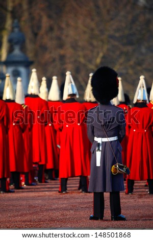 British Queen's Guard in the Buckingham Palace in London, England.