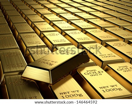 Gold ingots in a row. Wealth concept.