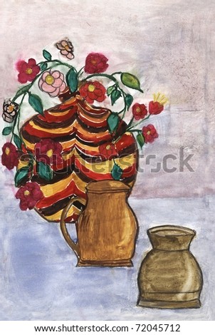 vase with flowers painted colors on paper