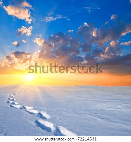 hiker in a winter plain on a sunset