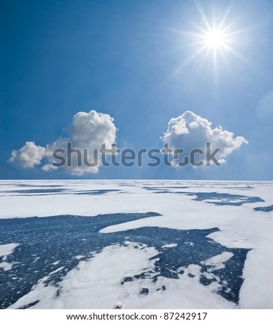 winter frozen lake under a sparkle sun