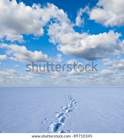 winter snowbound plain with human tracks