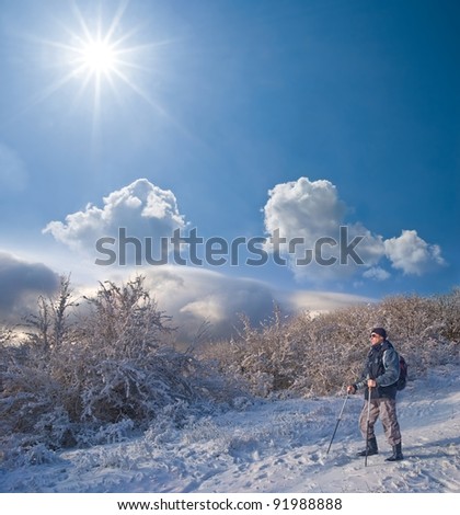 hiker in a winter snowbound plain