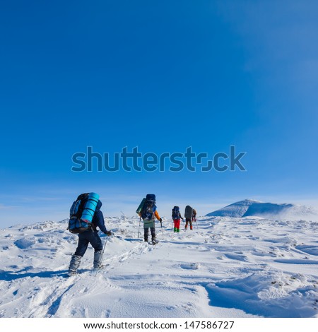 group of hikers walk by a winter plain