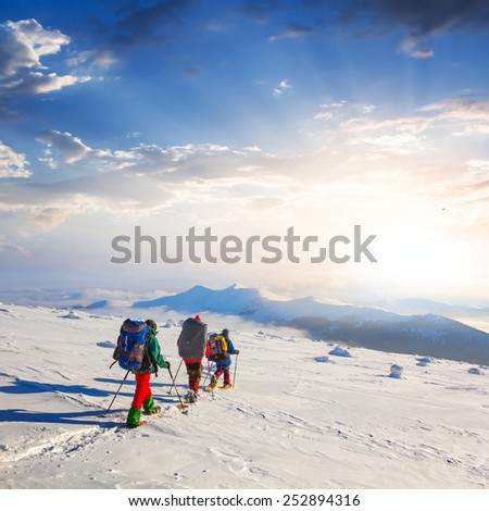 hiker group in a winter mountains