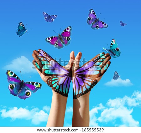 Hand And Butterfly Hand Painting, Tattoo, Over A Blue Sky, Concept For Spiritual Symbol Of Soul