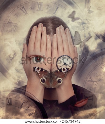 Woman with hands on face and symbols: butterfly, clock. Surreal image