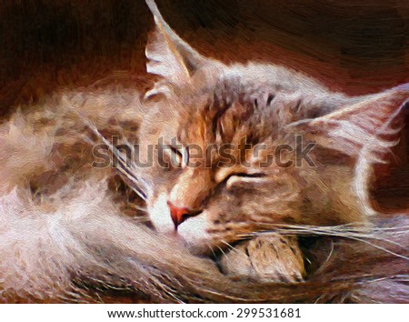 Sleeping cat in oil painting style.
