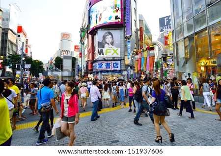 Tokyo, Japan - August 3: Crowds Of People Crossing The Center Of Shibuya In August 3 2013, The Most Important Commercial Center In Tokyo, Japan