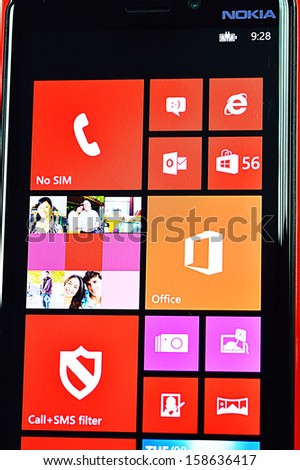 SAIGON, VIETNAM - OCTOBER 8 : Nokia Lumia 920 It was announced on September 5, 2012 is a smartphone developed by Nokia that runs the Windows Phone 8 operating system, Saigon October 8, 2013