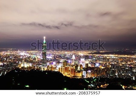 Taipei city skyline with famous skyscraper 101 building in the night, Taiwan.