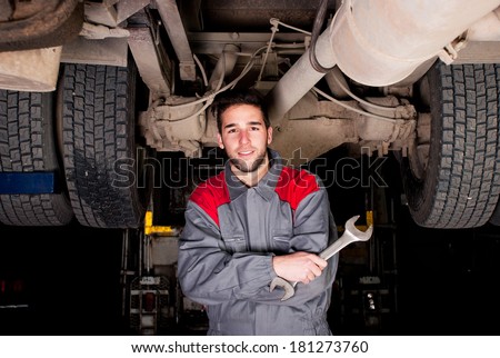 Mechanic\'s portrait. Mechanic\'s portrait, who is working under a truck.